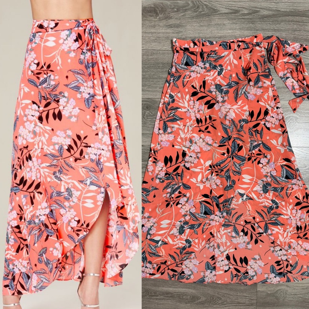 bebe Maxi Skirt Size 8 Coral Floral Wrap High Low Tropical Summer Tie Waist
